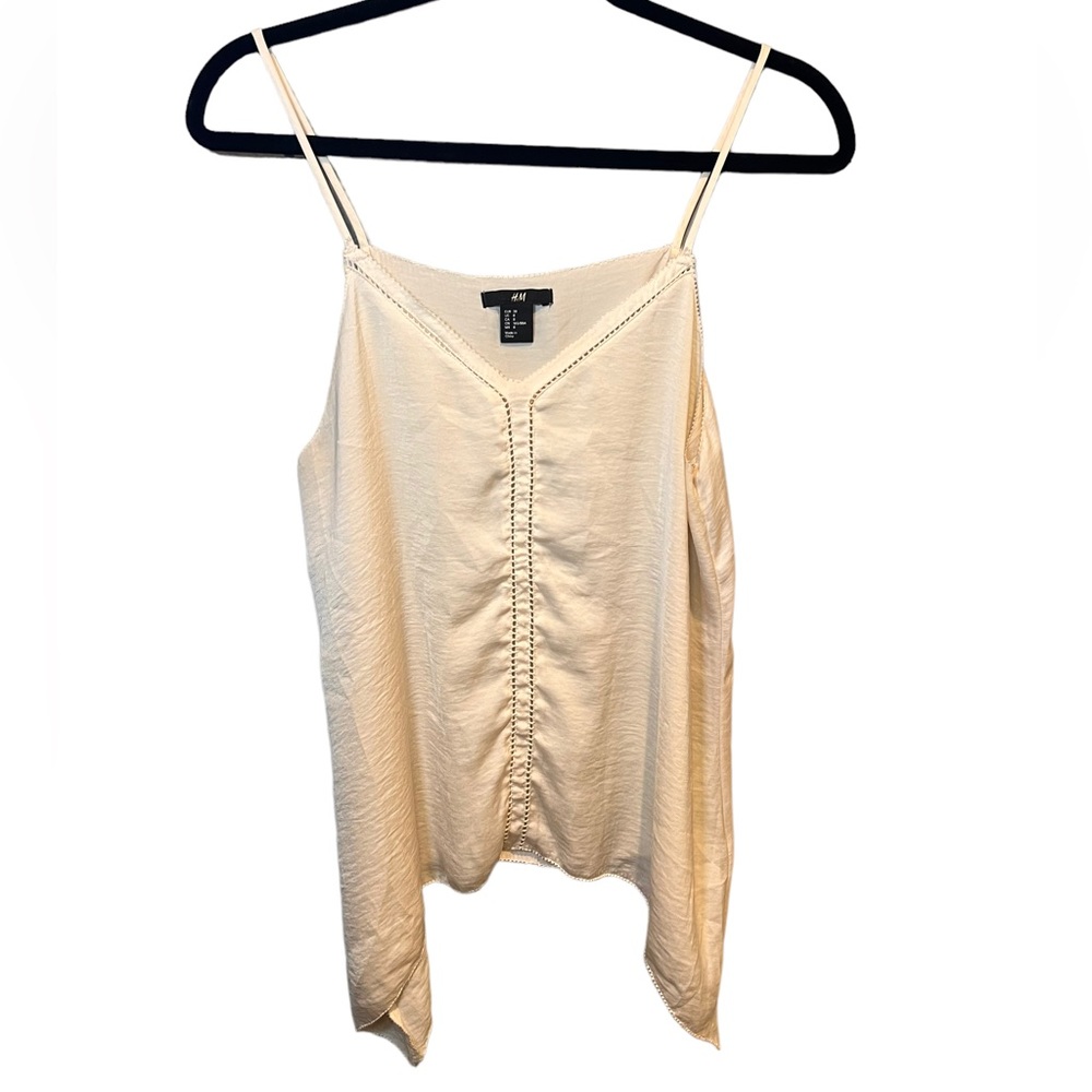 H&M Women's Silky Asymmetric Handkerchief Cream Tank with Crochet Detail Size 8
